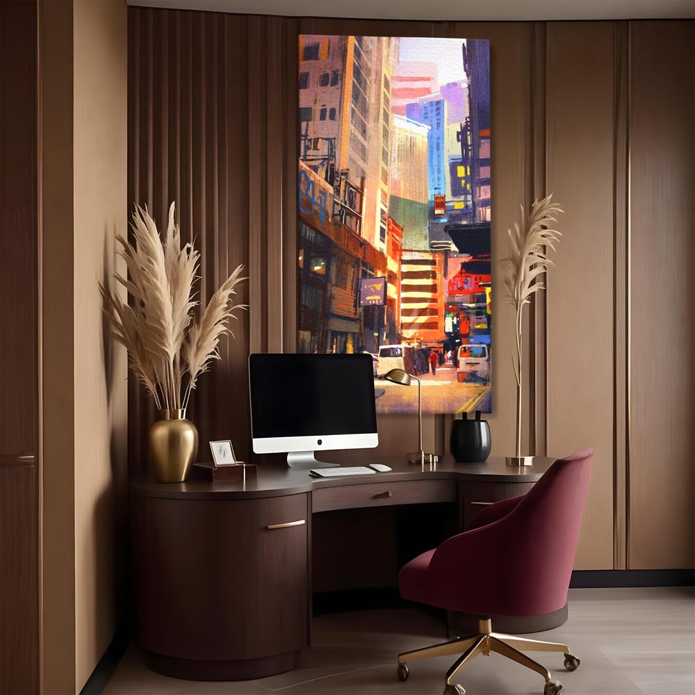 Tablou canvas cu pictura digitala cu strazi inguste, fara rama, pe sasiu de lemn, pe perete intr-un birou